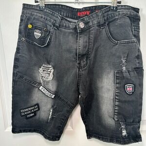 D Coy Black Jorts Distressed Patches Denim Jean Shorts Men's Size‎ 34